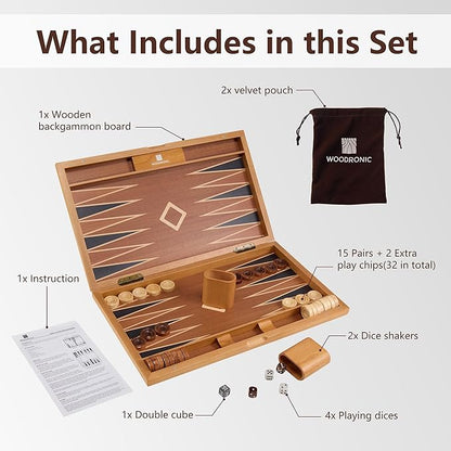 Wood Backgammon Set for Adults – 17 Inch Classic Strategy Board Game Case - Premium Folding Backgammon Set with Wooden Playing Pieces Dices - Portable Wood Inlaid Travel Backgammon Game Set