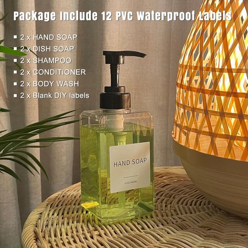 Clear Soap Dispenser - Waterproof Labels & Thickened Plastic | 15oz 2-Pack for Bathroom & Kitchen