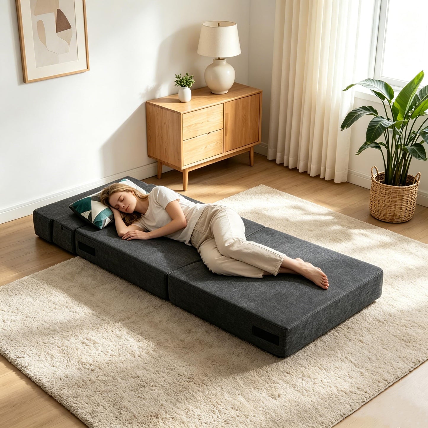 ANONER Fold Out Chair Bed Memory Foam with Pillow Futon Couch Folding Sleeper Chairs, Convertible Chair Bed Dark Gray, Single Size
