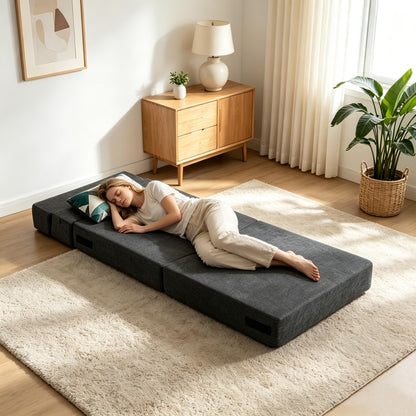 ANONER Fold Out Chair Bed Memory Foam with Pillow Futon Couch Folding Sleeper Chairs, Convertible Chair Bed Dark Gray, Single Size