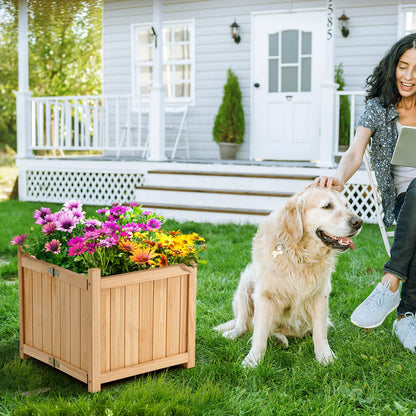 S AFSTAR Outdoor Wooden Planter Box, Folding Raised Garden Bed W/Drainage Hole, Patio Square Plant Container for Flowers, Vegetables, Fruits, Herbs, Collapsible Planting Box for Yard, 15" x 15" x 14"