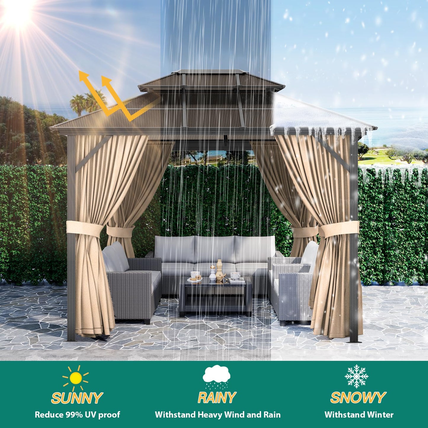 PeakPursuit Hardtop Gazebo 12'x 10' Aluminum + Iron Roof,Double-Roof Backyard Tent Garden Porch Gazebo with Mesh and Curtains Permanent Outdoor Metal Gazebo, Waterproof, Snowproof and Sunproof, Khaki