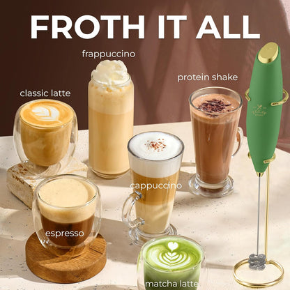Zulay Kitchen Tornado Triple Whisk Milk Frother - Handheld Foam Maker for Coffee, Lattes & More - Olive & Gold