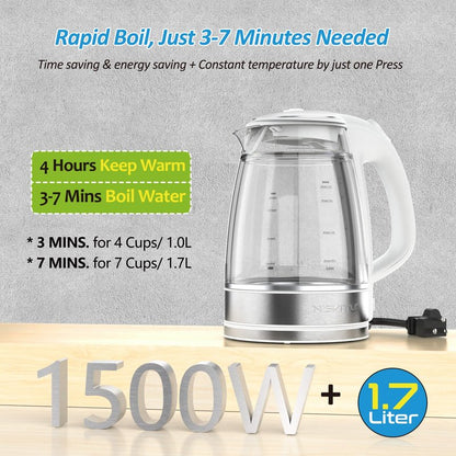 NISVITU Glass & Stainless Steel Cordless Electric kettle for boiling water, Hot water boiler Electric Tea Kettle automatic shut off Boil-Dry Protection, PC Outer + Glass Inner, 1500W, 1.7L, WH