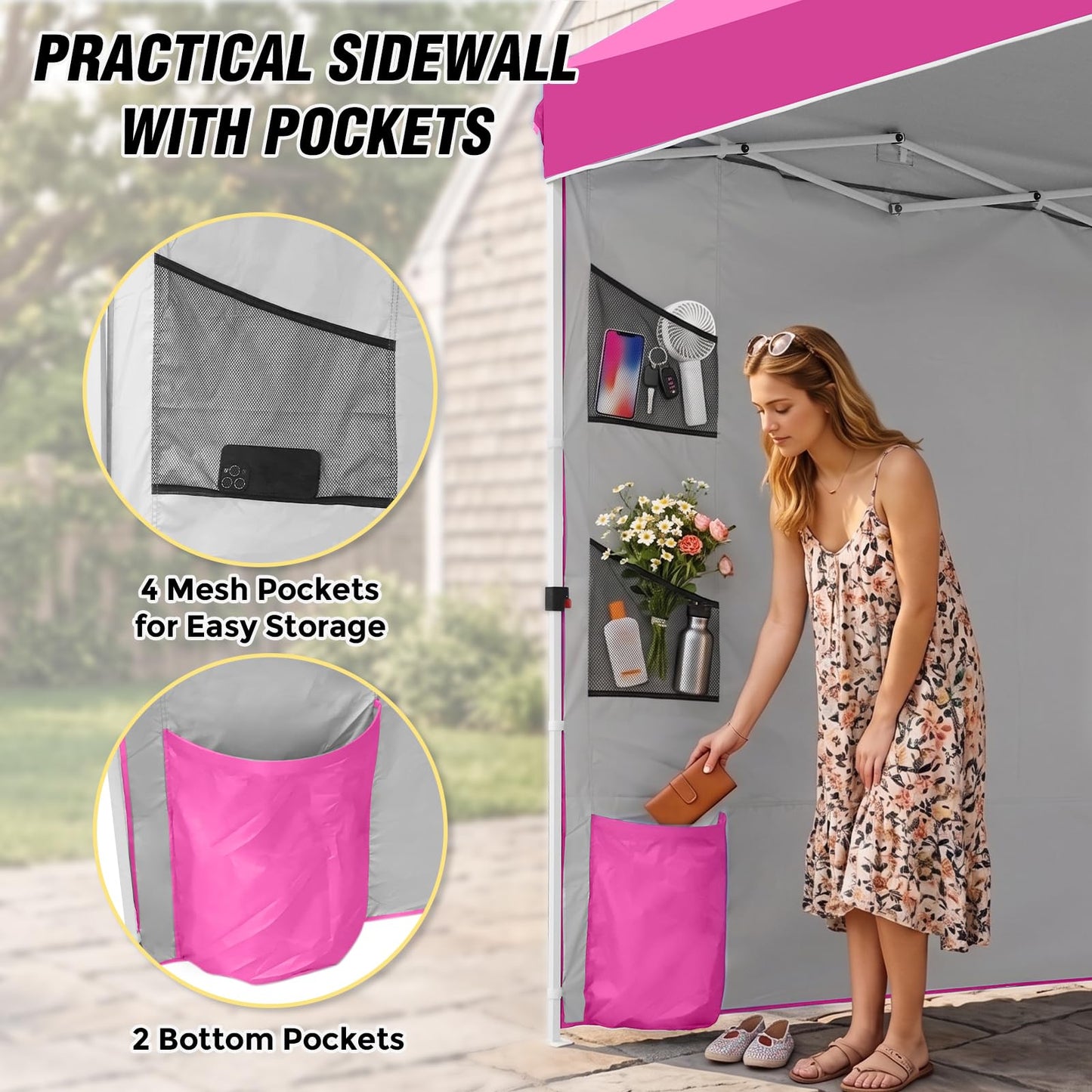 EAGLE PEAK Commercial Canopy 10x10 with Sidewall Storage, Easy OnePerson Setup Pop Up Canopy Tent with Roller Bag, Stakes, Ropes, and Weight Bags, Pink