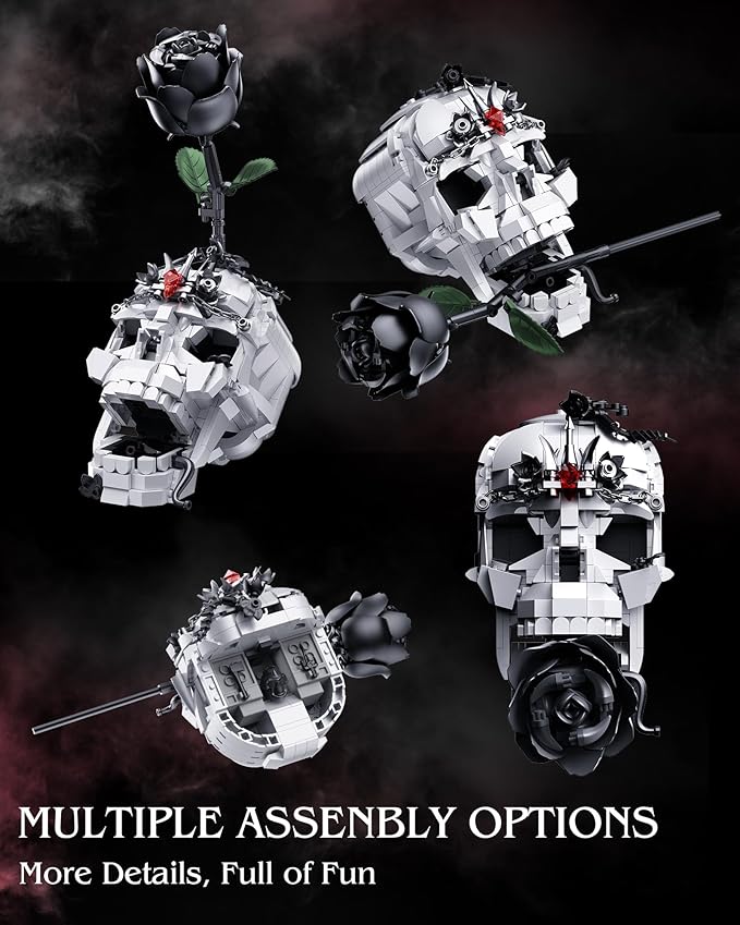 Skull Black Rose Flower Building Set 3 in 1 Gothic Horror Decor Botanical Artificial Flowers Collection Toys Ideal Home Office Decoration &amp Christmas Valentine's Day Gifts for Adults Women