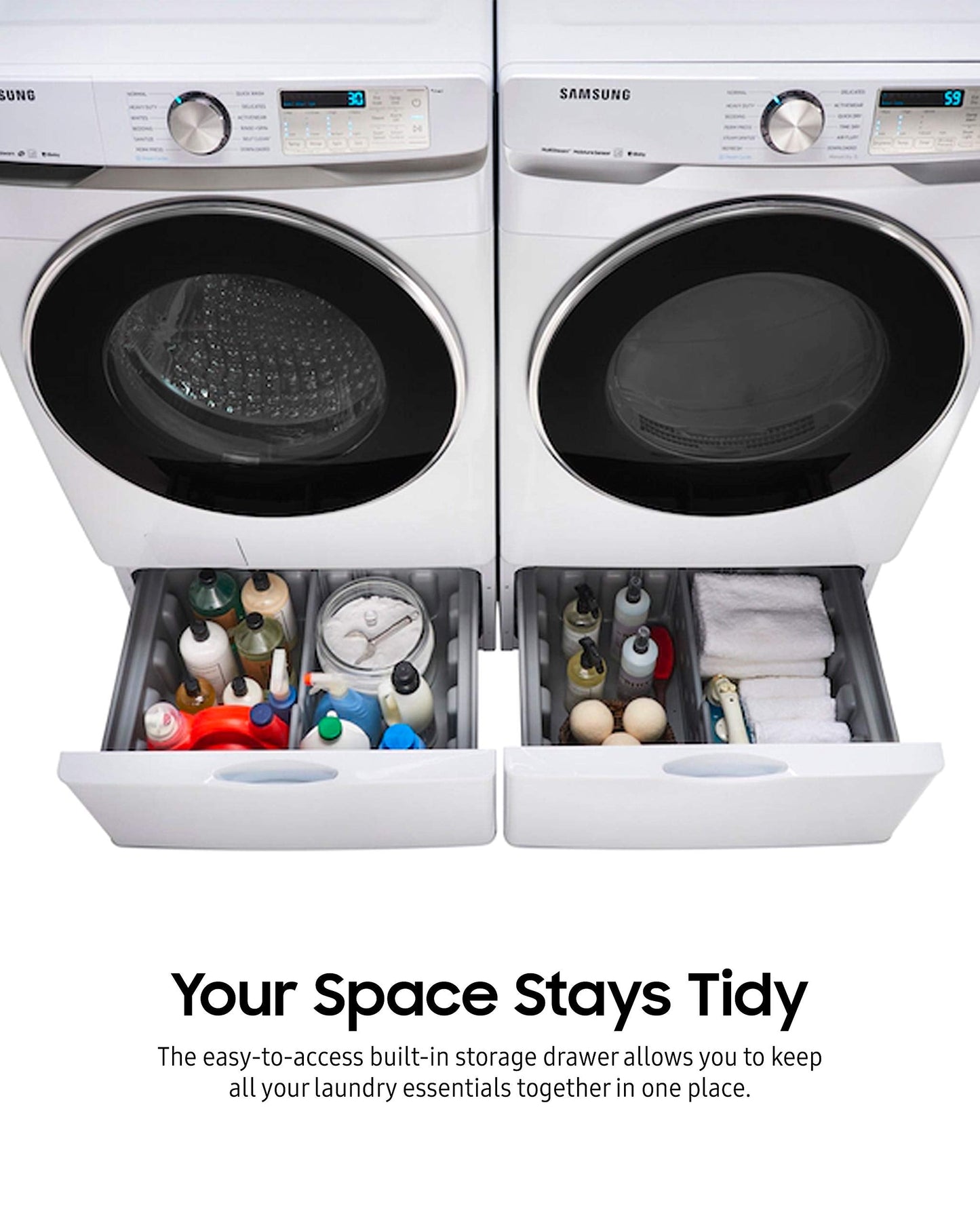 SAMSUNG 27-Inch Washer Dryer Pedestal Stand w/Pull Out Laundry Storage Drawer, Stainless Steel, WE402NW/A3, White & Shark AI Ultra Voice Control Robot Vacuum with Matrix Clean Navigation