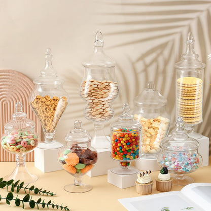 Hushee 8 Pcs Large Apothecary Candy Jars with Lids Glass Clear Candy Buffet Containers Set Apothecary Kit Candy Dishes with Lids for Bathroom Candy Bar Kitchen Decoration