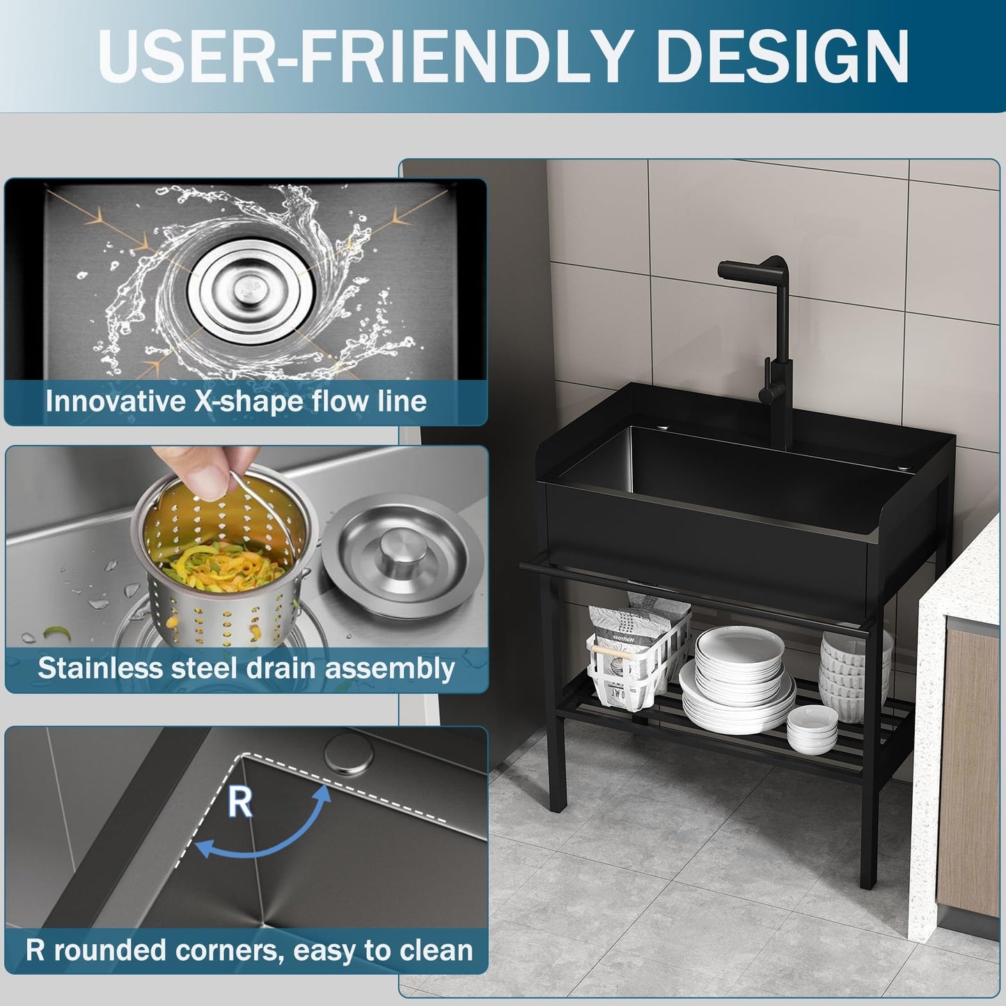 Fdzylyg Stainless Steel Utility Sink with 3-Sided Splash Guard,36" Freestanding Outdoor Sink with Pull-Down Sprayer & Storage,Commercial Single Bowl Laundry Sink for Garage,Backyard,Garden,Black