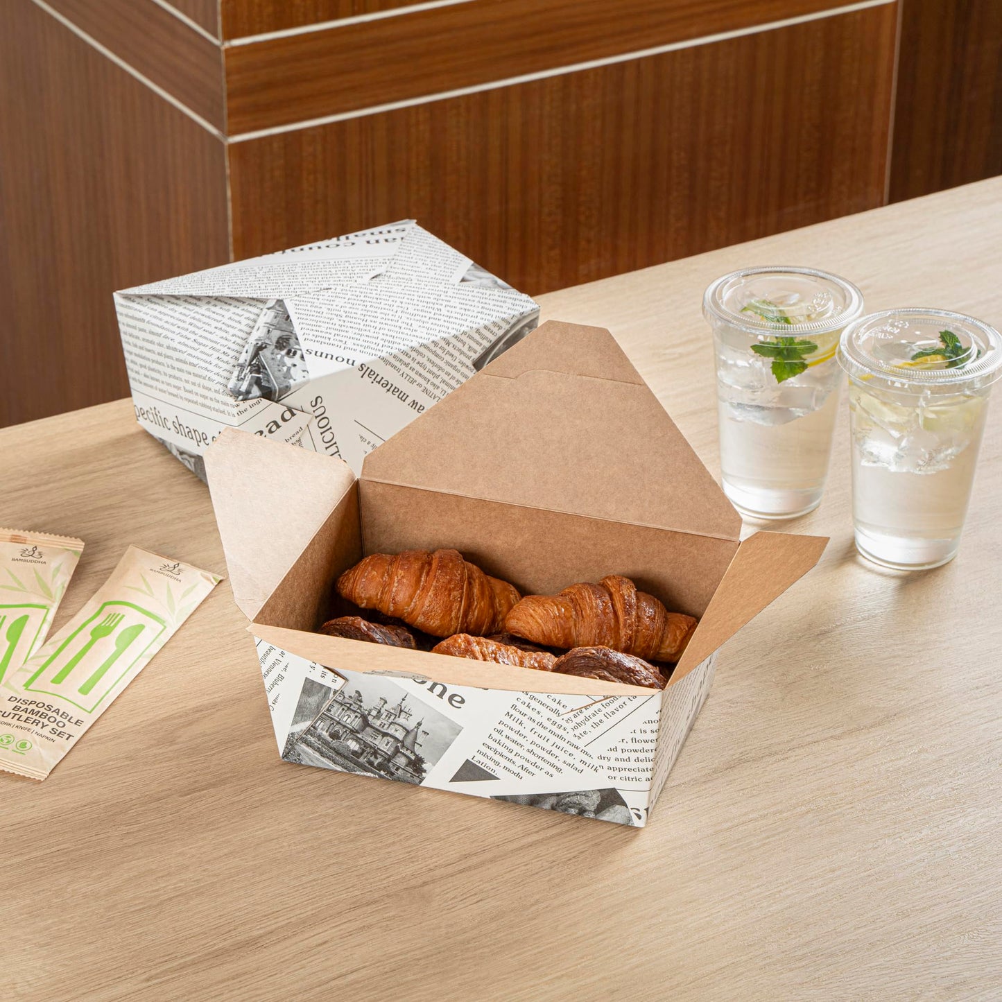 Restaurantware Bio Tek 98 Ounce Take Out Boxes 200 To Go Lunch Boxes - Tab-Lock Closure Heat-Tolerant Newsprint Paper Disposable Lunch Boxes Greaseproof For Hot And Cold Foods