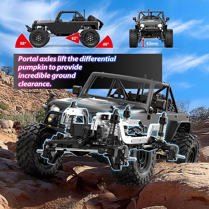 HYPER GO H12Y 1/12 Brushless 4X4 RC Rock Crawlers for Adults Metal Case Waterproof 4WD Off-Road RC Rock Trucks with Portal Axles All Terrain RC Cars with 2 Battery