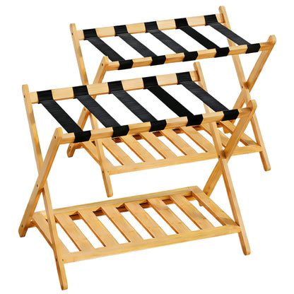 BAMBOOHOMIE Full Assembled Luggage Rack Set of 2, Bamboo Luggage Holder Rack for Guest Room, 26.77" L Folding Suitcase Stand with 5 Nylon Straps & Storage Shelf for Bedroom Hotel (2 Pack - Natural)