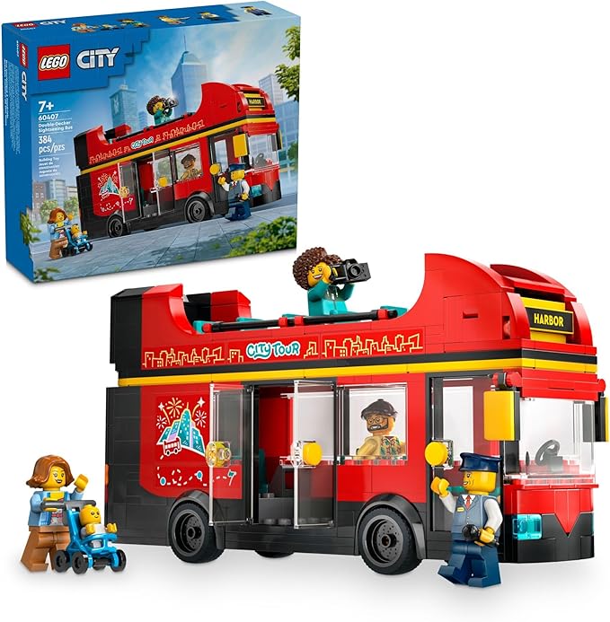 LEGO City Red Double-Decker Sightseeing Bus Toy Vehicle Set Birthday Gift for 7 Year Olds for Kids Double-Decker London Bus Toy 5 Characters Including a Baby and Stroller 60407