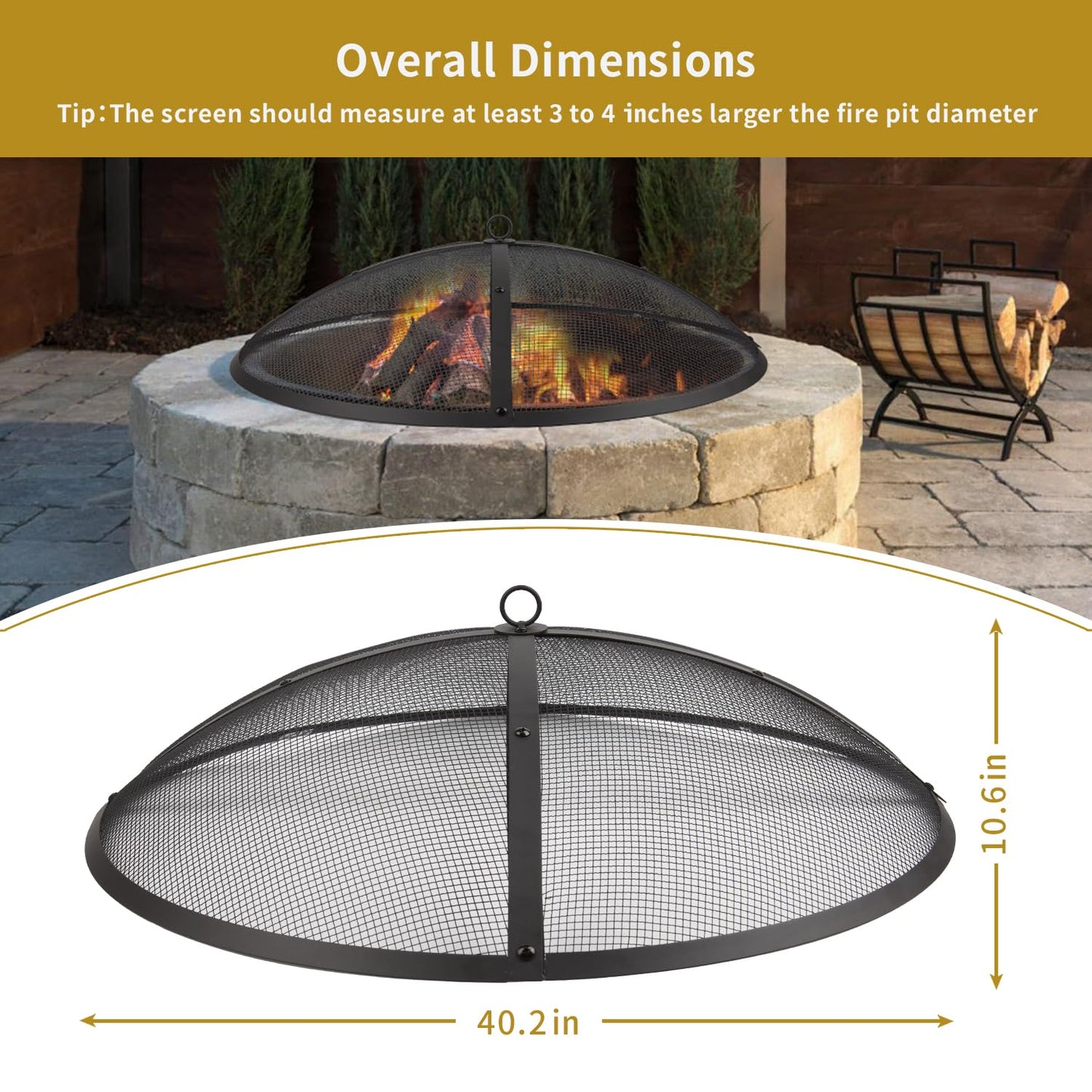 WeCooper 40Inch Round Fire Pit Spark Screen Cover,Outdoor Patio Mesh FirePit Screens,Heavy Duty Steel Domed Fire Pit Ember Guard with Handle