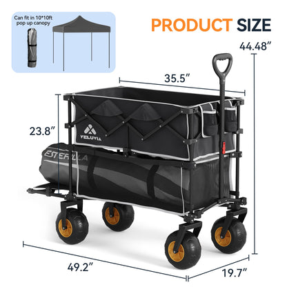 400L Double Decker Beach Wagon-500LBS Heavy Duty Beach Cart with 9" Big Balloon Wheels for Sand,Folding Collapsible Wagon with Side Pocket for Beach, Fishing, Camping,Outdoor(Black)