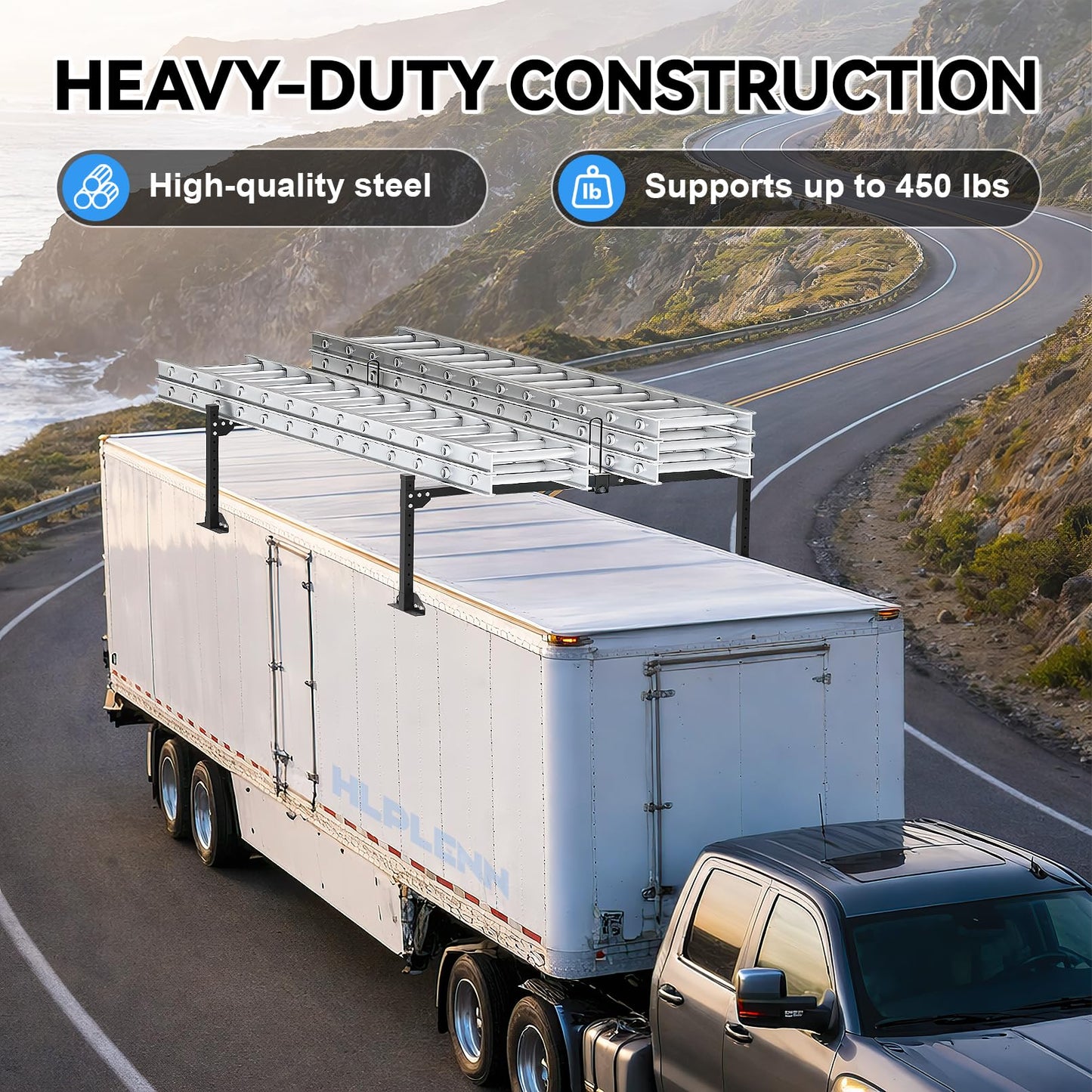 Aluminum Trailer Ladder Rack, Universal Adjustable Roof Ladder Rack for Enclosed & Open Trailers, 6.28′-9.06′ W & 0.58′-1.74′ H Adjustable, 450 lbs Capacity, Rustproof Aluminum with Ladder Stoppers