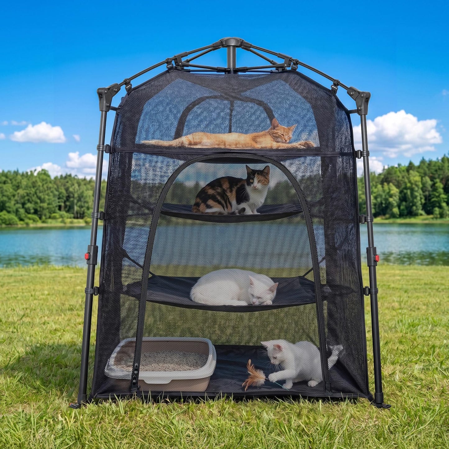 Catio Outdoor Cat Enclosure Pop up Cat Tower Tent Cat Playpen w/Breathable Mesh Portable Catio Kitten Pet Animal Play Pen Indoor Enclosed Kitty Patio Balcony Camping(Square,XL)