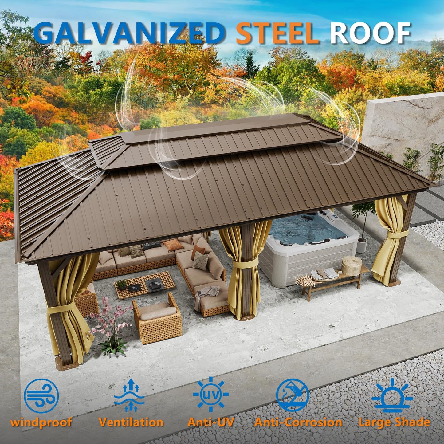 HOTEEL 12x20 Hardtop Gazebo on Clearance with Metal Roof & Gutter, Heavy Duty Galvanized Steel Patio Gazebo with Aluminum Frame, Privacy Curtains and Netting, for All-Weather, Brown (2026 Upgraded)