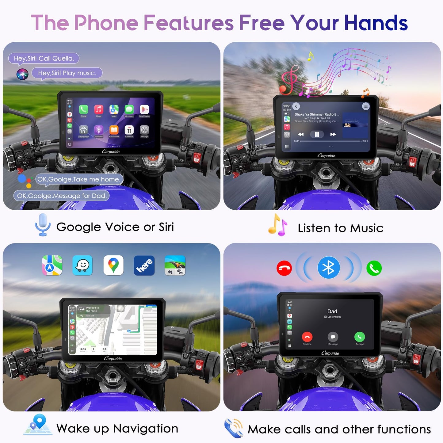 Carpuride W702T PRO 7" Waterproof GPS Navigation Screen for Motorcycle with CarPlay & Android Auto & TPMS & Dual Bluetooth, Music Sharing, Intercom, EQ, Light Sensor, Compass, Barometer