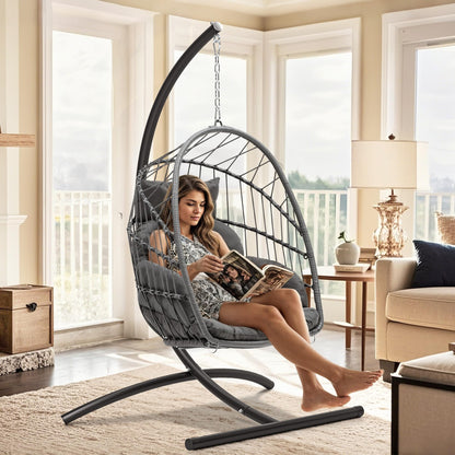 YITAHOME Hanging Egg Chair, Outdoor Patio Wicker Hammock Egg Chair Indoor with Cushion, Rattan Swing Chair 300lbs for Balcony, Garden Bedroom, Gray with Stand