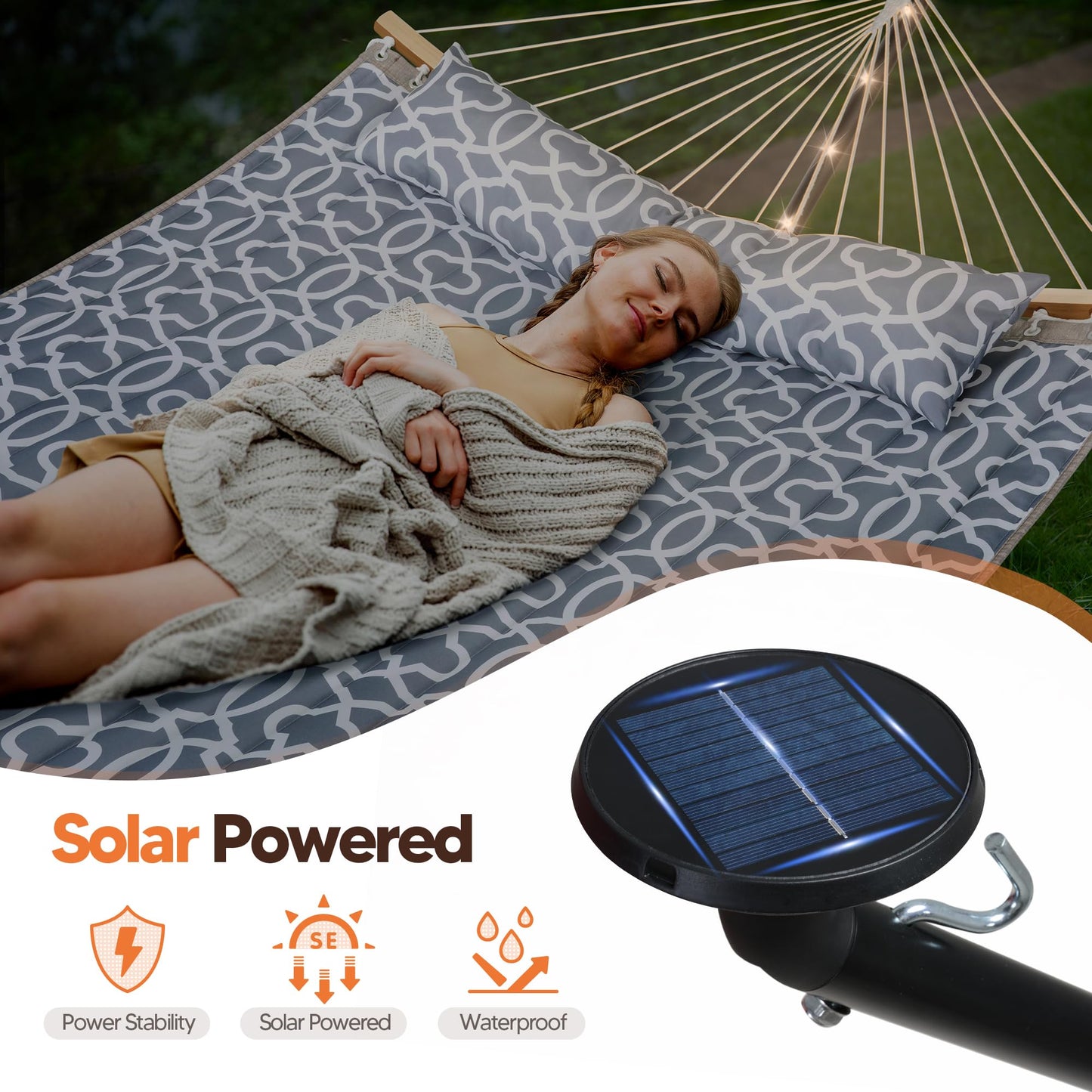 SUNCREAT Double Outdoor Hammock with 12 ft Stand, Solar Powered Lights, 2 Person Hammocks for Outside, Grey