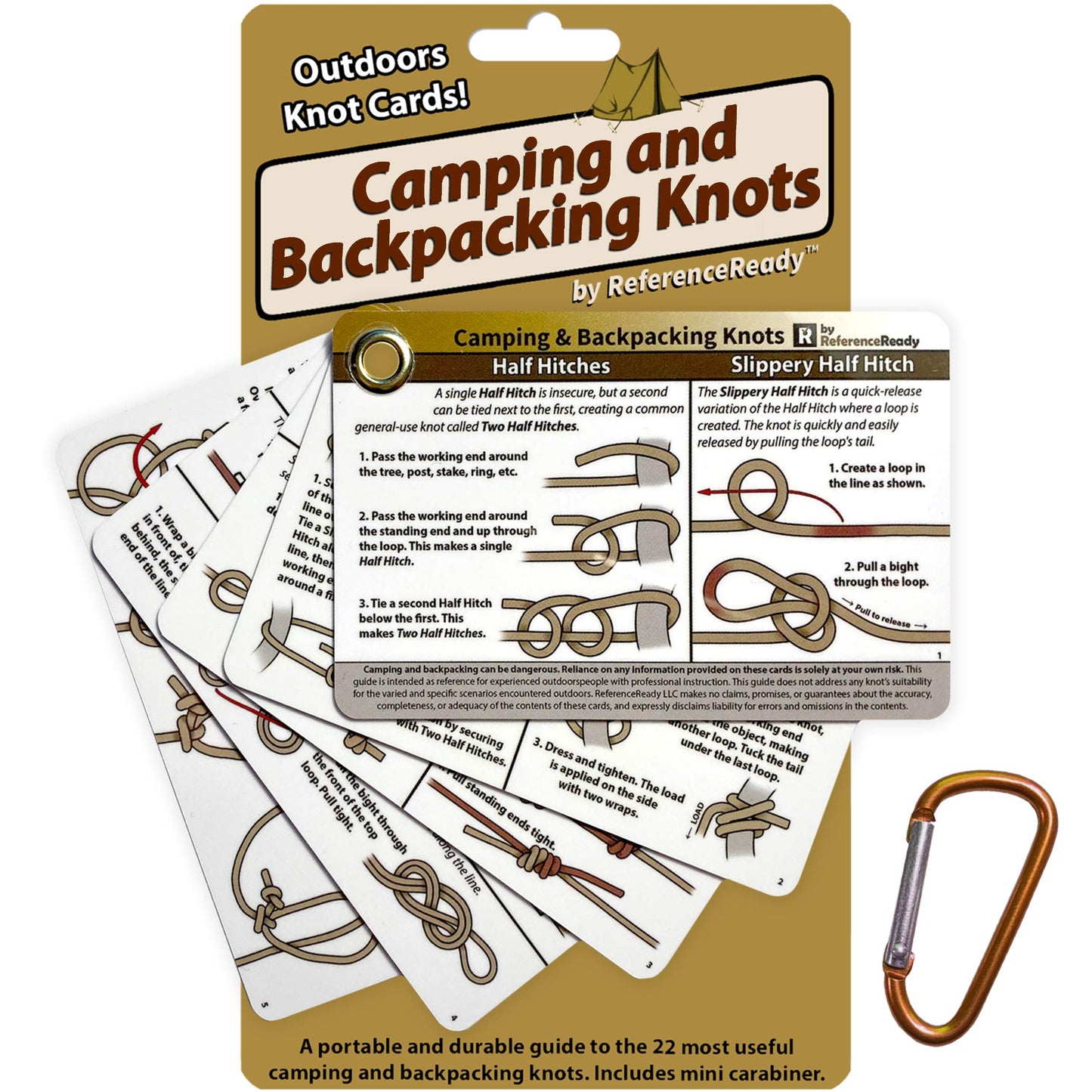 ReferenceReady Outdoor Knots Pocket Guide - Waterproof Knot Tying Cards with Mini Carabiner, 22 Rope Knots for Camping, Backpacking, Scouting and Wilderness Survival
