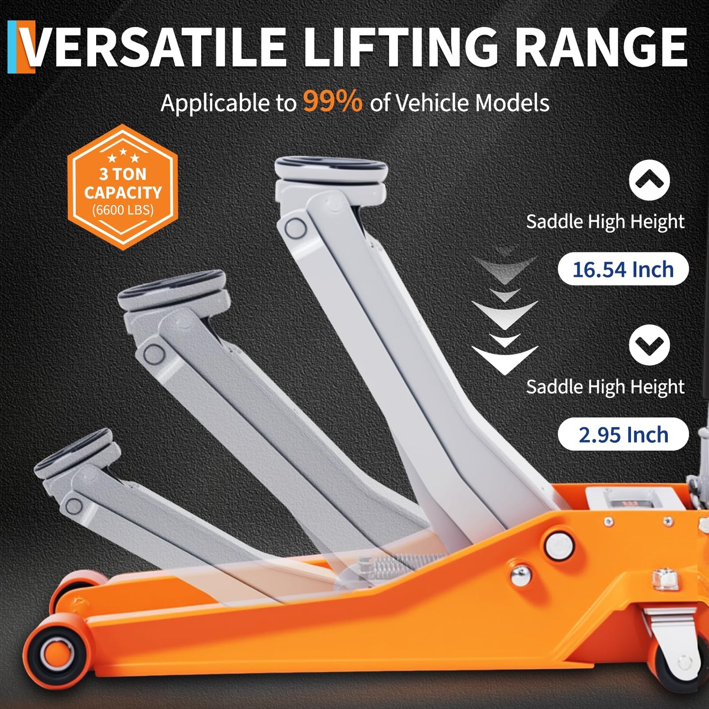 3 Ton (6,000 Lb) Low Profile Hydraulic Racing Floor Jack with Dual Piston Quick Lift Pump Heavy Duty Steel Lifting Range 2.95 to 16.54 Inch for Car SUV Truck Garage,28.0 * 14.2 * 3.0 Inch,Orange