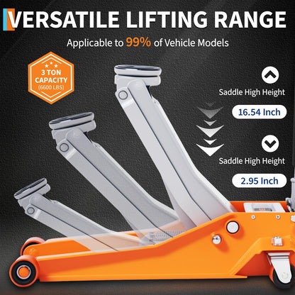 3 Ton (6,000 Lb) Low Profile Hydraulic Racing Floor Jack with Dual Piston Quick Lift Pump Heavy Duty Steel Lifting Range 2.95 to 16.54 Inch for Car SUV Truck Garage,28.0 * 14.2 * 3.0 Inch,Orange