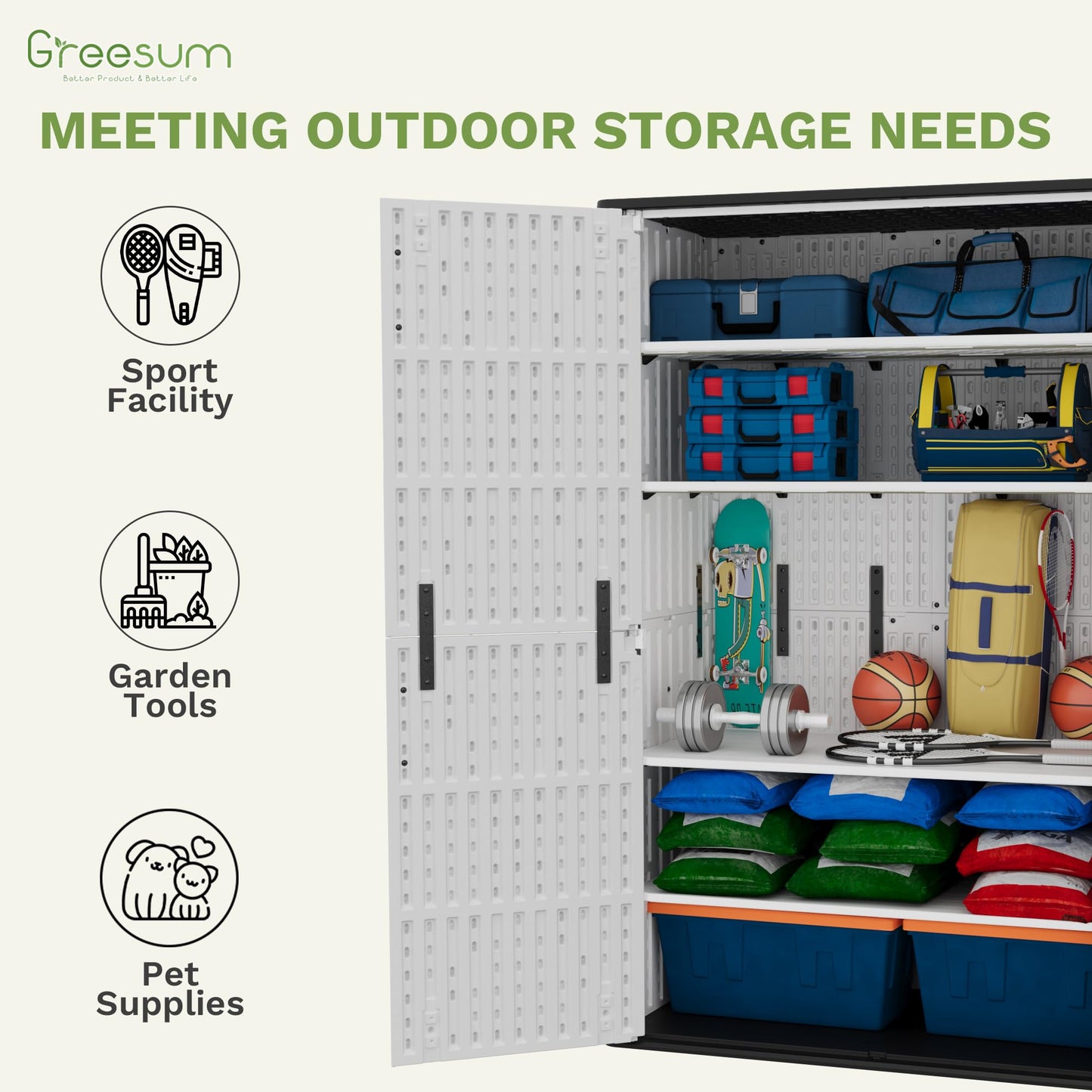 Greesum Outdoor Storage Cabinet, 50 Cu.Ft Deck Box Without Shelves, Waterproof Plastic Storage Bin for Patio Cushions, Gardening Tools, Lockable and Sidehandles, UV Resistant, White