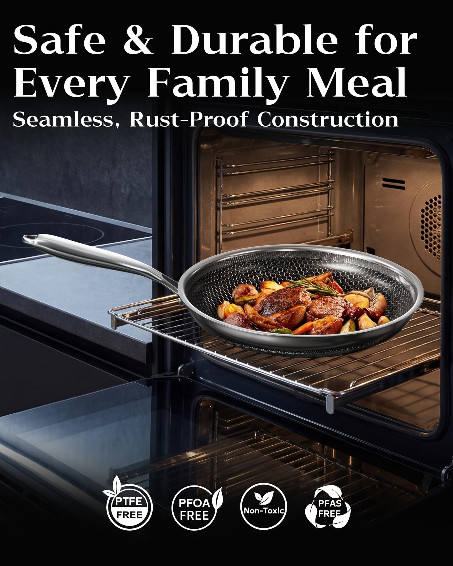 XBM Nonstick Frying Pan Set with 3 Lids, 8+10+12 Inch, Honeycomb Stainless Steel Skillet Pans Set, PFOA-Free Scratch-Proof, Dishwasher & Oven Safe, Compatible with All Cooktops