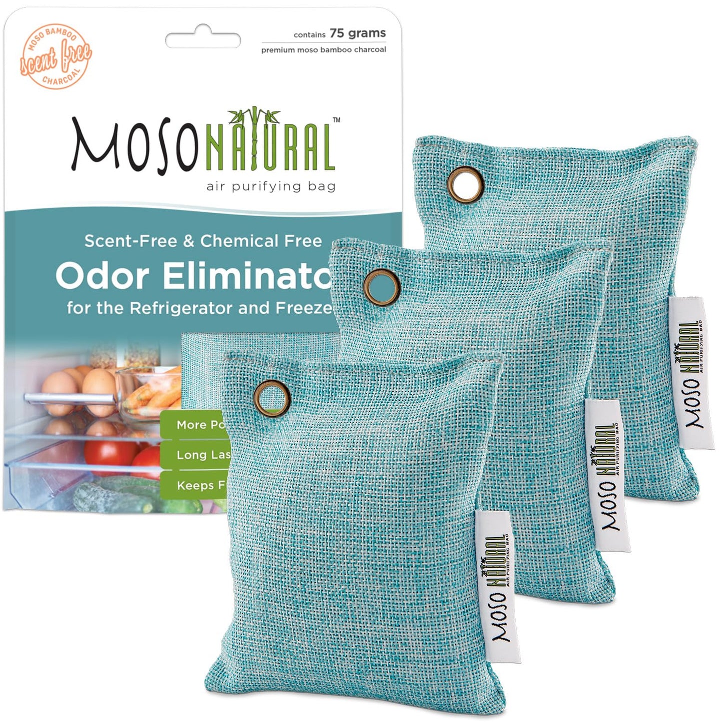 Moso Natural Fridge Deodorizer Odor Eliminator, Bamboo Charcoal Refrigerator & Freezer Air Purifying Bag, More Powerful than Baking Soda Fridge Odor Absorber (3 Pack)