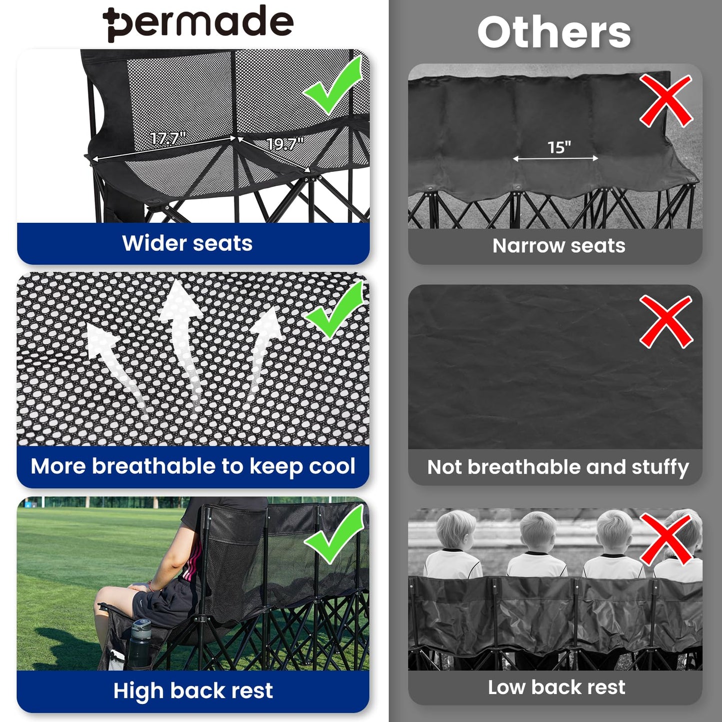 Permade Soccer Bench- Folding Team Bench Soccer 9 Seats, Portable Sideline Sports Benches with Mesh Seat and Back with Bag, Foldable Breathable Chairs for Sports Football Camp Events (Black