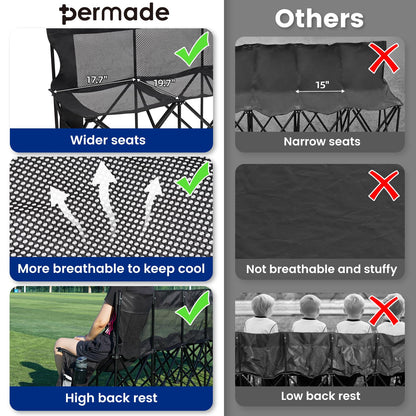 Permade Soccer Bench- Folding Team Bench Soccer 9 Seats, Portable Sideline Sports Benches with Mesh Seat and Back with Bag, Foldable Breathable Chairs for Sports Football Camp Events (Black