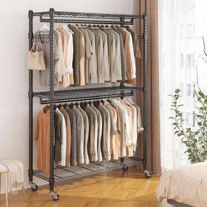 BATHWA Heavy Duty Rolling Clothes Rack with Wheels, 640 lb Hanger Rack & Garment Rack, 25mm Metal Freestanding Portable Closet, 2 Rods + Adjustable Shelves for Hanging Clothes