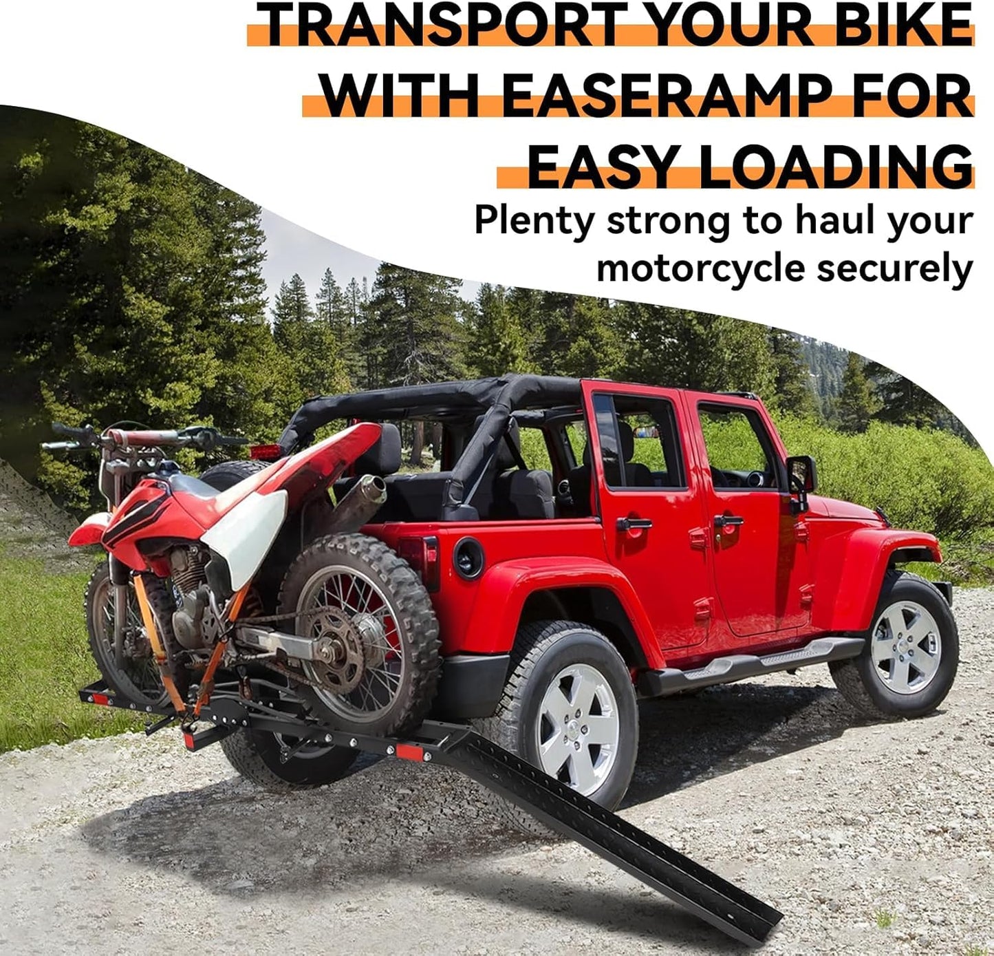 Garvee Motorcycle Trailer Carrier with Loading Ramp, 600 LBS Weight Capacity, Heavy-Duty Iron & Aluminum Construction, Includes 4 Straps, Black Motorcycle Transport Hitch Platform, Black