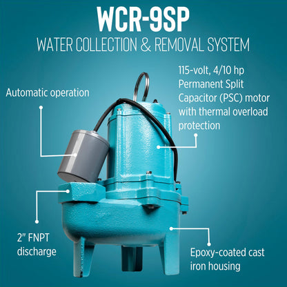 Little Giant WCR-9SP 115 Volt, 4/10 HP, 4800 GPH Automatic Outdoor Water/Seepage Collection and Removal System with Sewage Pump, 20' Piggyback Float Switch, Structural Foam Cover, Green/Blue, 509081