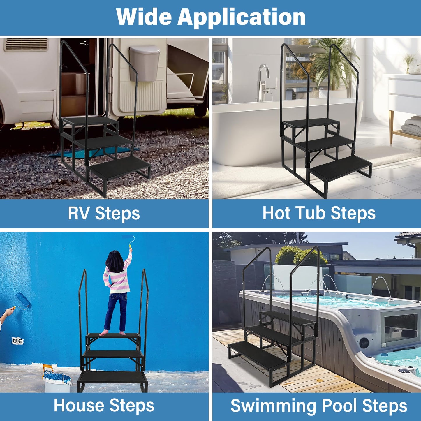 RV Steps w/Dual Handrails, 3-Step Spa Hot Tub Steps with Anti-Slip Pedals, 660lbs Load Capacity, Universal Portable Mobile Home Stairs Steps for 5th Wheel RV, Spa, Porch, Pool, Travel Trailers