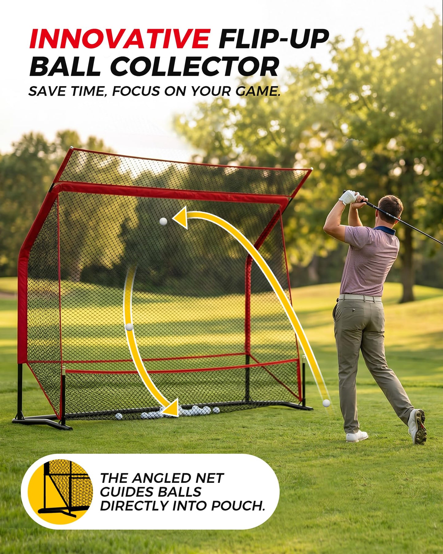 Golf Practice Net Set 10x7.5FT, Heavy Duty Golf Hitting Net for Backyard & Indoor Training, Golf Swing Practice Net with Ball Return System, Extended Top Barrier, Target Cloth & Carry Bag.