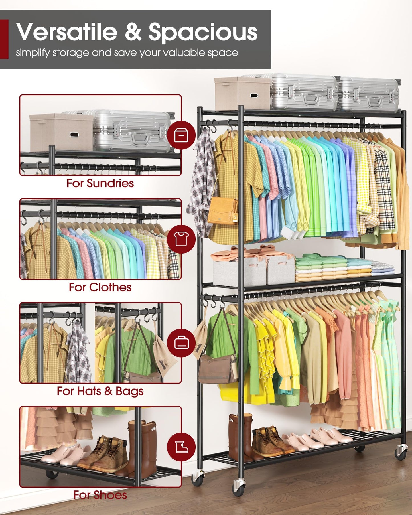 Sakugi Clothes Rack - 45.2" x 12.2" x 79.5" Clothing Rack with Shelves & Wheels, Multi-Functional Wardrobe Closet with Hooks, Sturdy Metal Garment Rack for Bedroom, Laundry, Balcony (Black)