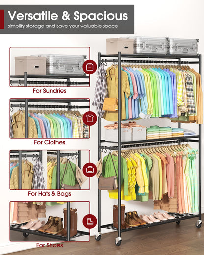Sakugi Clothes Rack - 45.2" x 12.2" x 79.5" Clothing Rack with Shelves & Wheels, Multi-Functional Wardrobe Closet with Hooks, Sturdy Metal Garment Rack for Bedroom, Laundry, Balcony (Black)