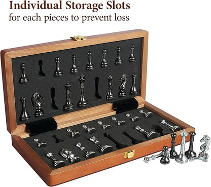 Metal Chess Set for Adults and Kids - 12 Inch Wooden Folding Chess Board and Metal Pieces Travel Portable Chess Set - Extra Queens &amp 2.5 King Ideal Gift for Chess Enthusiasts &amp Beginner