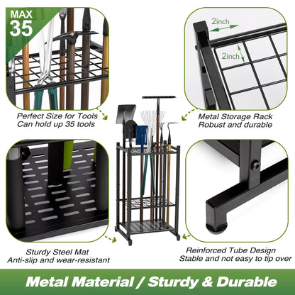 Garden Tool Organizer, Yard Tool Tower Rack for Garage Organization and Storage, Up to 35 Long-Handled Tools/Rakes/Brooms, Heavy Duty Steel Garden Tool Stand for Shed, Outdoor, Black