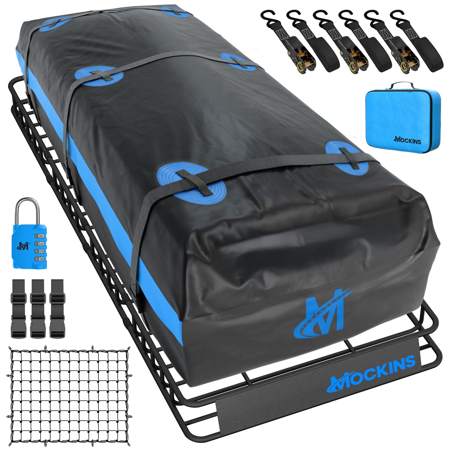 Mockins 84"x39"x6" XL Extendable Roof Rack Cargo Carrier & 35 CuFt Waterproof Cargo Bag for Top of Car | 3 Length Sizes: 40", 63", 84" Luggage Rack for SUV Car & Truck with Roof Basket Accessories