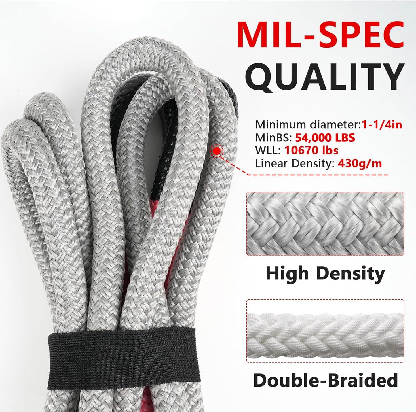 NTR 1-1/4" x 30' Kinetic Recovery Tow Rope (54,000lbs), with 2 UHMWPE Soft Shackles (56,000lbs), Heavy-Duty Offroad Snatch Strap, Vehicle Recovery kit for Jeep car Truck ATV UTV SUV, Grey