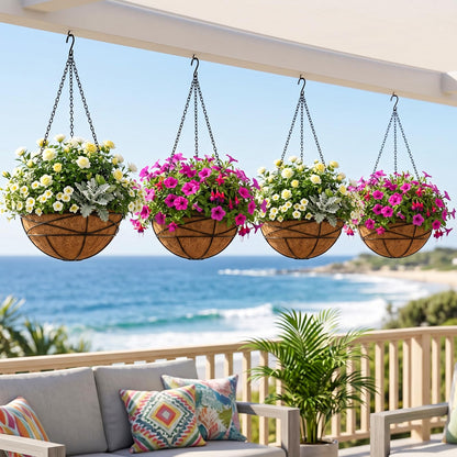 Karlliu 4 Pack 14 Inch Hanging Baskets for Plants Outdoor Large Flower Planters with Coco Liner for Outside Panting Watering Plant Pot Holder for Home Garden Porch Balcony Railings Decor