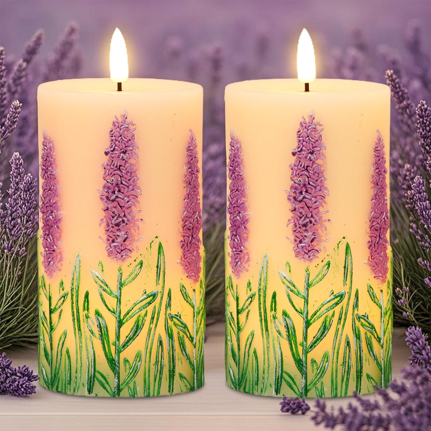 Lasumora Lavender LED Candles with 6H Timer, flameless Candles with Flickering Flame, Waxy Pillar 2 Pack Flickering Unscented Home Holiday Decoration (3 inches x 6.5 inches)