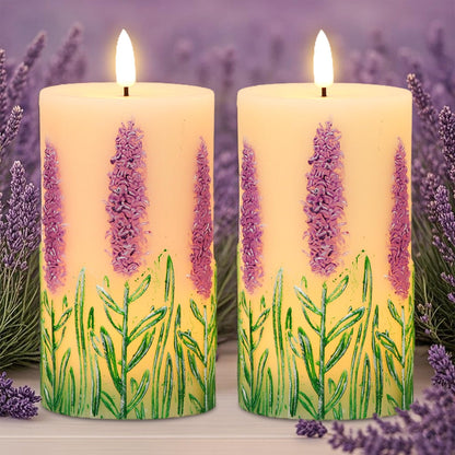 Lasumora Lavender LED Candles with 6H Timer, flameless Candles with Flickering Flame, Waxy Pillar 2 Pack Flickering Unscented Home Holiday Decoration (3 inches x 6.5 inches)