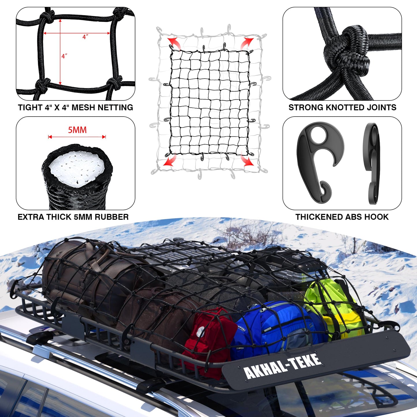 AKHAL-TEKE Roof Rack Basket, Upgraded 64"x 39"x 4" Roof Rack Cargo Carrier with 3' X 4' Super Duty Bungee Cargo Net, 2 pcs Ratchet Strap Fits for SUV Truck Cars