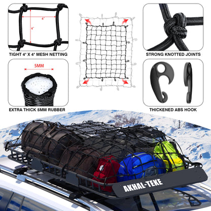 AKHAL-TEKE Roof Rack Basket, Upgraded 64"x 39"x 4" Roof Rack Cargo Carrier with 3' X 4' Super Duty Bungee Cargo Net, 2 pcs Ratchet Strap Fits for SUV Truck Cars