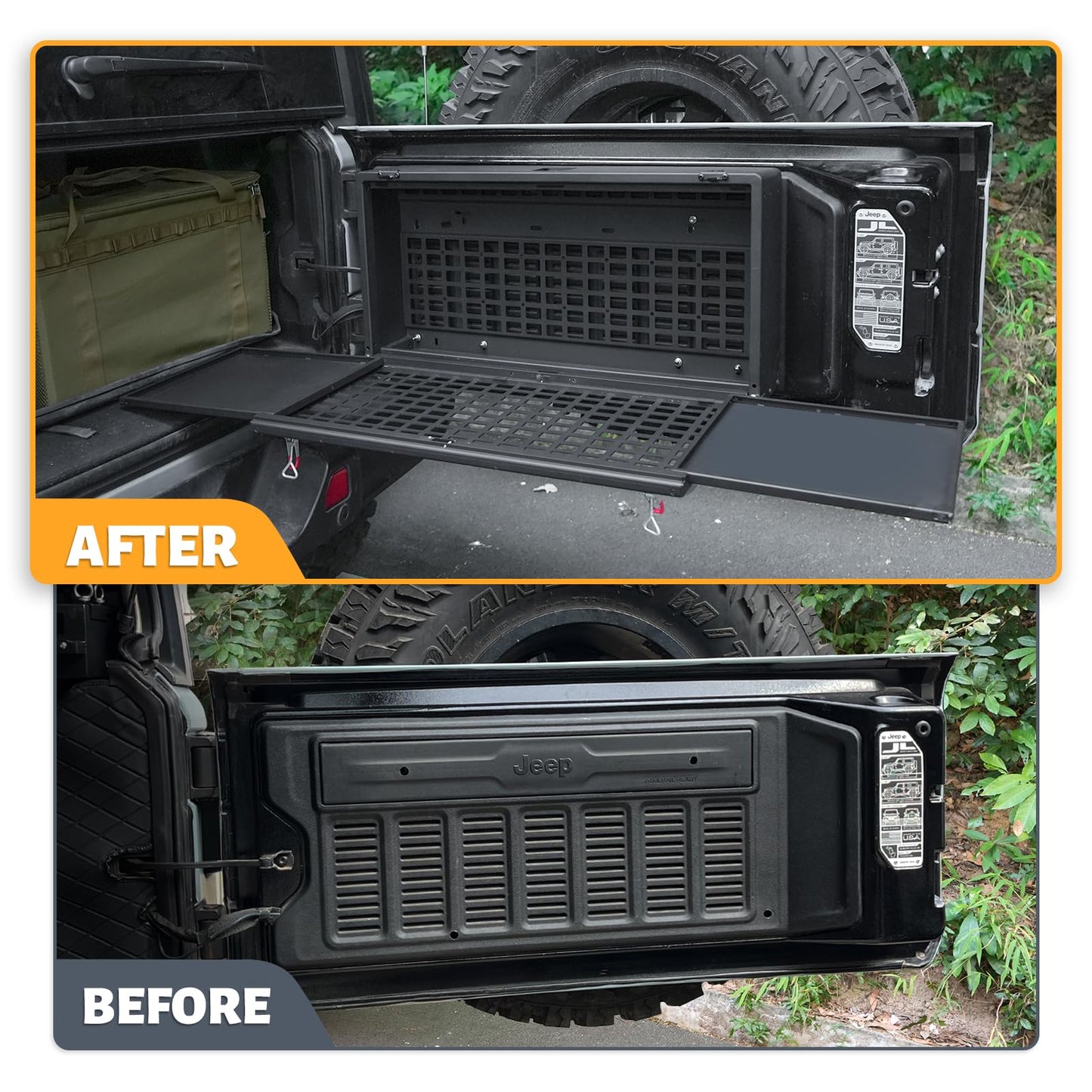 Tailgate Table Storage Lock Box Compatible with Jeep Wrangler JK JKU JL JLU 4 Door, Aluminum Foldable Rear Cargo Shelf MOLLE Panel Camping Desk Organizer